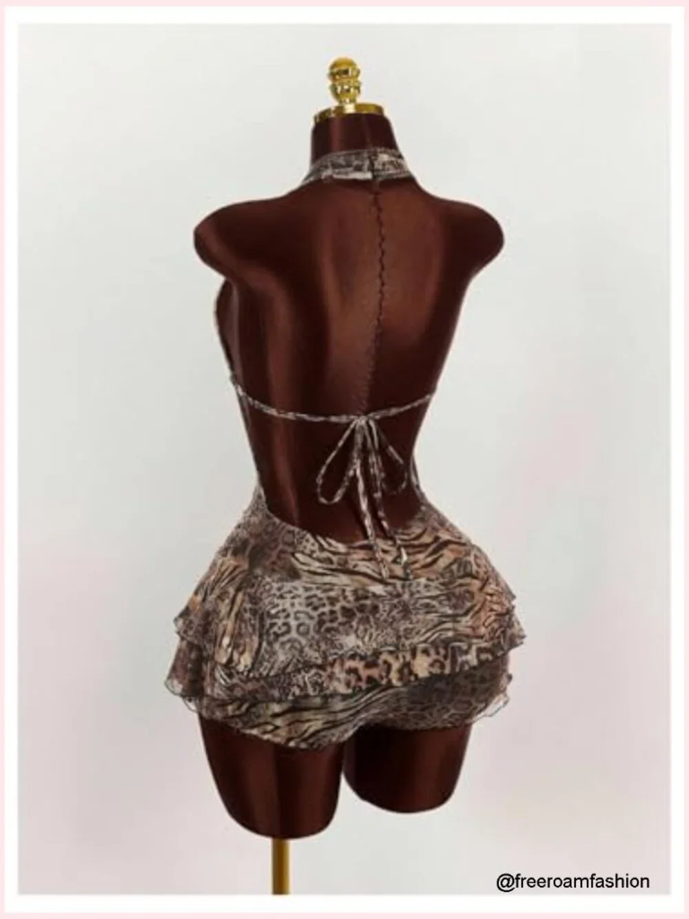 Y2K Leopard Print Halter Romper Backless Sleeveless Layered Ruffle One Piece